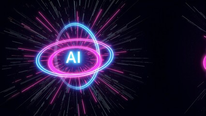 Fototapeta premium Digital illustration of artificial intelligence glowing neon atom-like structure with orbiting rings, centered around the bold letters 