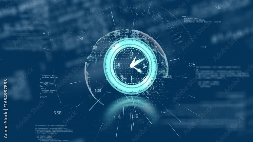 Poster animation of clock moving over globe, connections and data processing on blue background