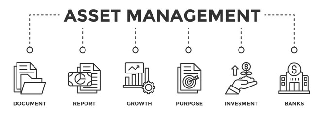 Asset management web banner icon vector illustration concept consists of Document, Growth, Portfolio, Legal, Fundraising, Report, Asset recording, Purpose icon live stroke and easy to edit