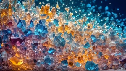 Brightly colored crystals scattered on a black surface showing sharp mineral structure natural geology concept and detailed texture of gem fragments