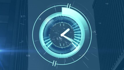 Animation of clock moving over numbers and cityscape - Powered by Adobe