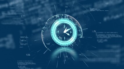 Animation of clock moving over globe, connections and data processing on blue background - Powered by Adobe