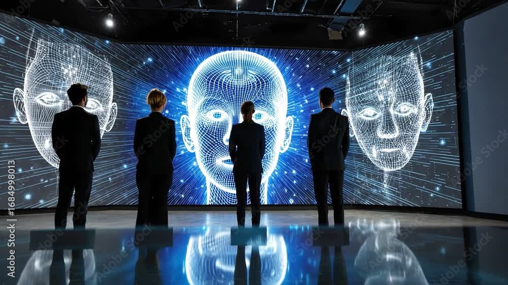 Aufkleber a group of professionals analyzing advanced artificial intelligence visuals on large screens