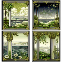 Set of four square vintage backgrounds in art nouveau style with abstract romantic landscapes