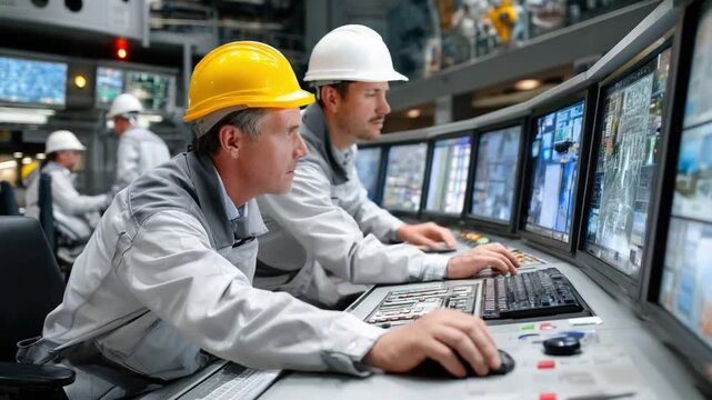 Inside the Control Room:  Engineers intently monitor and analyze a comprehensive overview within a state-of-the-art control room, utilizing cutting-edge technology to maintain optimal performance.