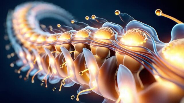 The human spine's complex structure is vividly brought to life in this image, showcasing its intricate network of nerves and bone.