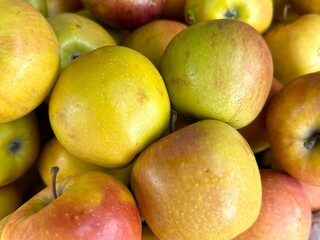 Golden delicious apples displaying vibrant red and yellow hues create a close up vibrant display