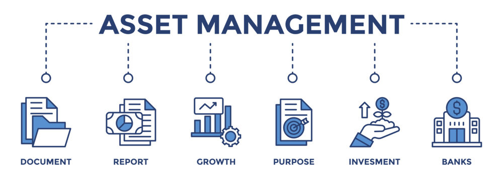 Asset management web banner icon vector illustration concept consists of Document, Growth, Portfolio, Legal, Fundraising, Report, Asset recording, Purpose icon live stroke and easy to edit