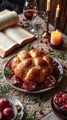 Fototapeta premium Holiday feast with freshly baked challah, pomegranates, candles, and wine on elegant table setting