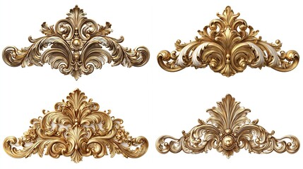 Four ornate gold and cream decorative elements,  featuring intricate, symmetrical scrollwork and leaf patterns