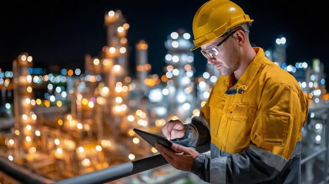 Engineer's Insight: An engineer in a yellow hardhat reviews technical data on a tablet, overseeing a complex industrial plant at night. The image conveys expertise and responsibility.