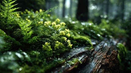 Obraz premium Delicate Ecosystem: Moss, Ferns, and Tiny Blooms on a Forest Log Macro