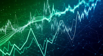 Abstract representation of stock market data with green and blue lines