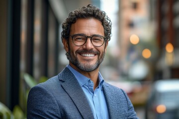 Professional man smiles outdoors in a business district, looking content and at ease while enjoying a break during a busy day, Generative AI