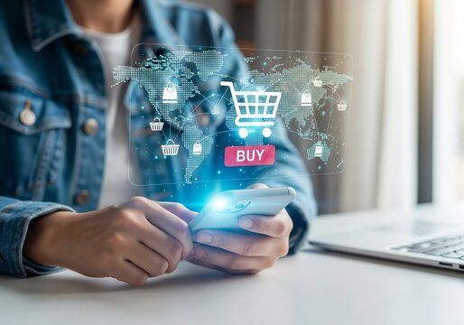 A person wearing a denim jacket shops online using a smartphone. A holographic interface appears, showing a world map with a shopping cart and a 'BUY' button, representing the ease and global reach of - Powered by Adobe