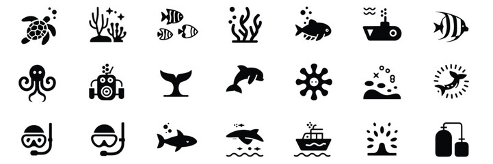 Underwater & Marine Life Icon Set &ndash; Black Silhouette Symbols for Ocean Creatures, Diving, and Sea Exploration"