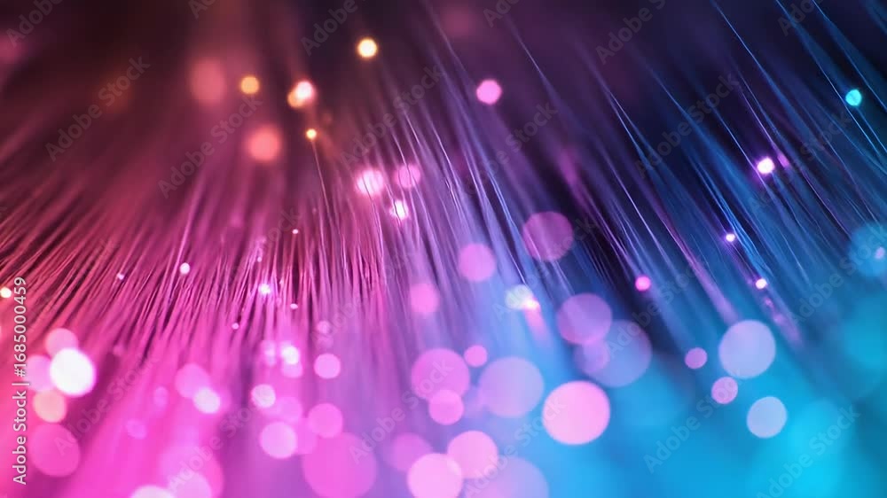 Poster fiber optic cables transmitting data with bokeh effect creating colorful background