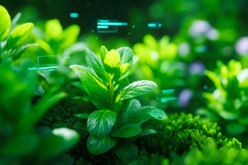 A futuristic visualization of smart sensor data displayed as a digital interface overlaying a healthy green plant