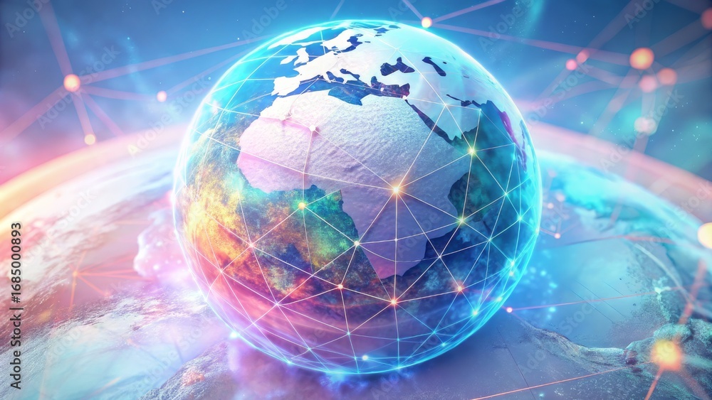 Fototapete a futuristic digital globe with a web of interconnected lines and glowing nodes, suitable for websit