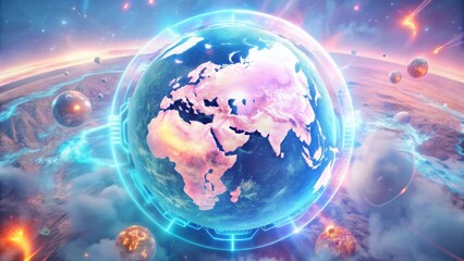A vibrant, glowing Earth surrounded by a futuristic digital network and other celestial bodies, ideal for blogs on global technology, connectivity, environmental protection, space