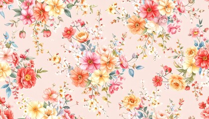 Delicate floral print, pastel background, bouquets of various blooms