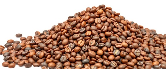 A rich pile of coffee beans, isolated on white, showcasing their texture and aroma,  coffee,  coffee shop