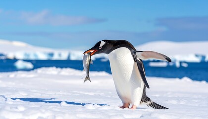 Fototapeta premium Gentoo penguin with fish on snowy landscape