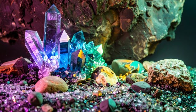 Colorful crystals cluster in dark rock formations