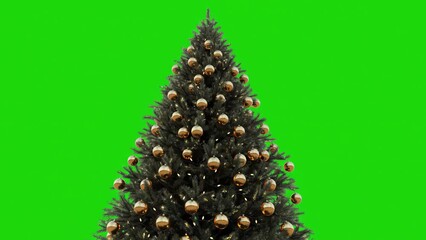 A beautifully decorated Christmas tree with golden baubles and glowing lights, isolated on a chroma key green screen background for easy compositing. - Powered by Adobe