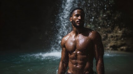 Muscular man standing under a natural waterfall enjoying the refreshing water in a serene outdoor jungle environment