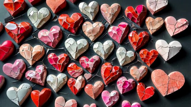 Assorted heart shaped chocolates arranged in rows with red pink and silver foil wrappers on glossy dark background