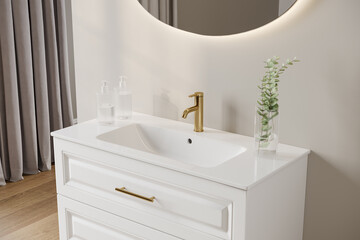 Close-up of modern bathroom vanity with gold faucet, elegant sink, and minimalist accessories, perfect for interior design and product mockup, 3D render.