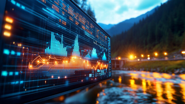 Dynamic Data Visualization Against Serene Mountain River at Dusk