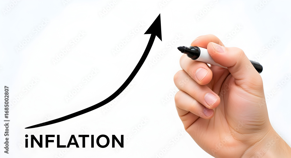 Poster hand drawing inflation arrow showing increase on transparent surface with a marker