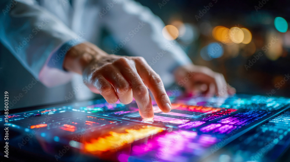 Aufkleber close-up of hand using futuristic holographic touchscreen interface with glowing digital data and an