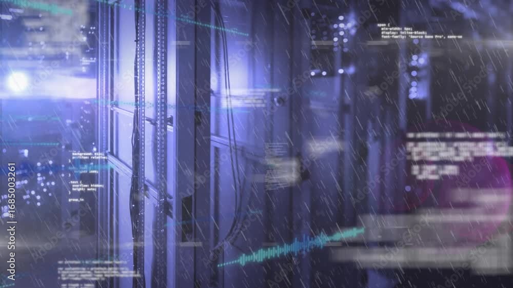 Poster animation of data processing and rain over servers