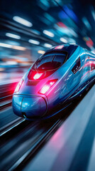 Fototapeta premium Futuristic high-speed passenger train rushing through station with glowing neon lights