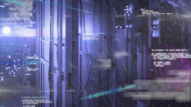 Animation of data processing and rain over servers