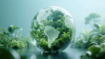Glass globe with lush tropical plants representing Earth, serene misty forest background, hyper-realistic style, clear reflections