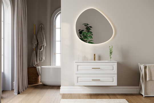 Modern minimalist bathroom interior with natural light, elegant vanity, and illuminated mirror, perfect for architecture and mockup use, 3D render.