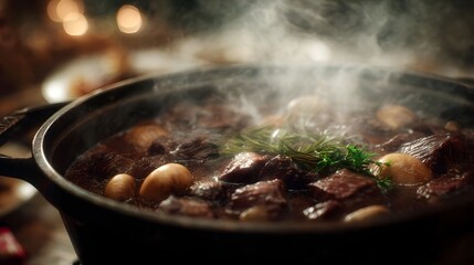Hearty beef stew with mushrooms and fresh herbs steams invitingly in a cast iron pot set against a warm blurred background