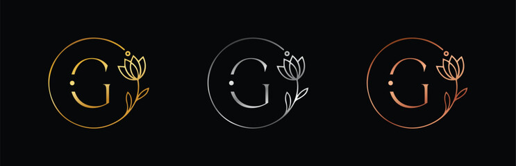 Botanical Gold, Silver & Rose Gold Letter G Logo for Branding. Monogram with Floral Accent for Wedding and Luxury Business.