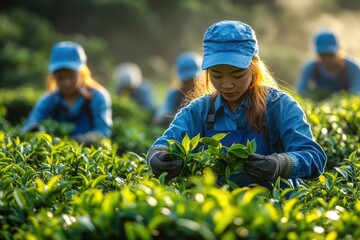 Tea Plantation Workers Picking Leaves for Fresh Tea Production