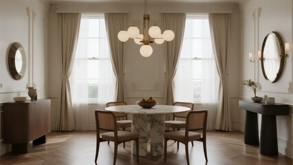 Elegant Dining Room with Marble Table and Warm Lighting