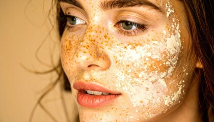 Close Up Portrait of a Young Woman with Freckles and Creamy Face Mask
