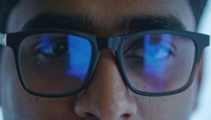 Closeup of a Man Wearing Eyeglasses with Blue Reflection