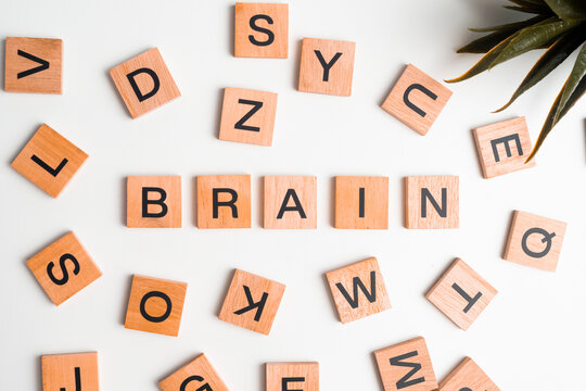 Naklejki Wooden blocks tiles with the letters "Brain" on a white background. The word "Brain" is written on a wooden piece or wooden cube.