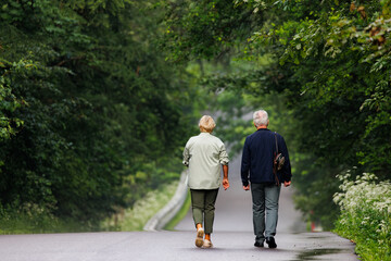Fototapeta premium Elderly couple walking hand in hand down a serene forest path surrounded by lush greenery