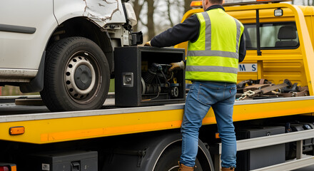 Male Worker Securing Damaged Vehicle on Bright Yellow Tow Truck Platform Outdoors