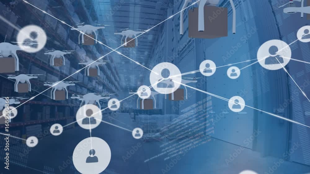 Poster animation of network of connections with icons and delivery drones over warehouse